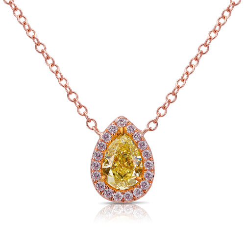 0.96 Carat Center Fancy Intense Yellow Pear Shape Diamond VVS2 Clarity 0.37 Carats Pink and White Surrounding Round Diamonds GIA Certified Diamond Crafted in 18k Rose Gold.