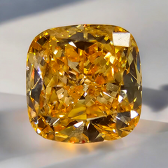 Vivid yellow-orange cushion-cut diamond with intricate facets, reflecting light on a soft background.