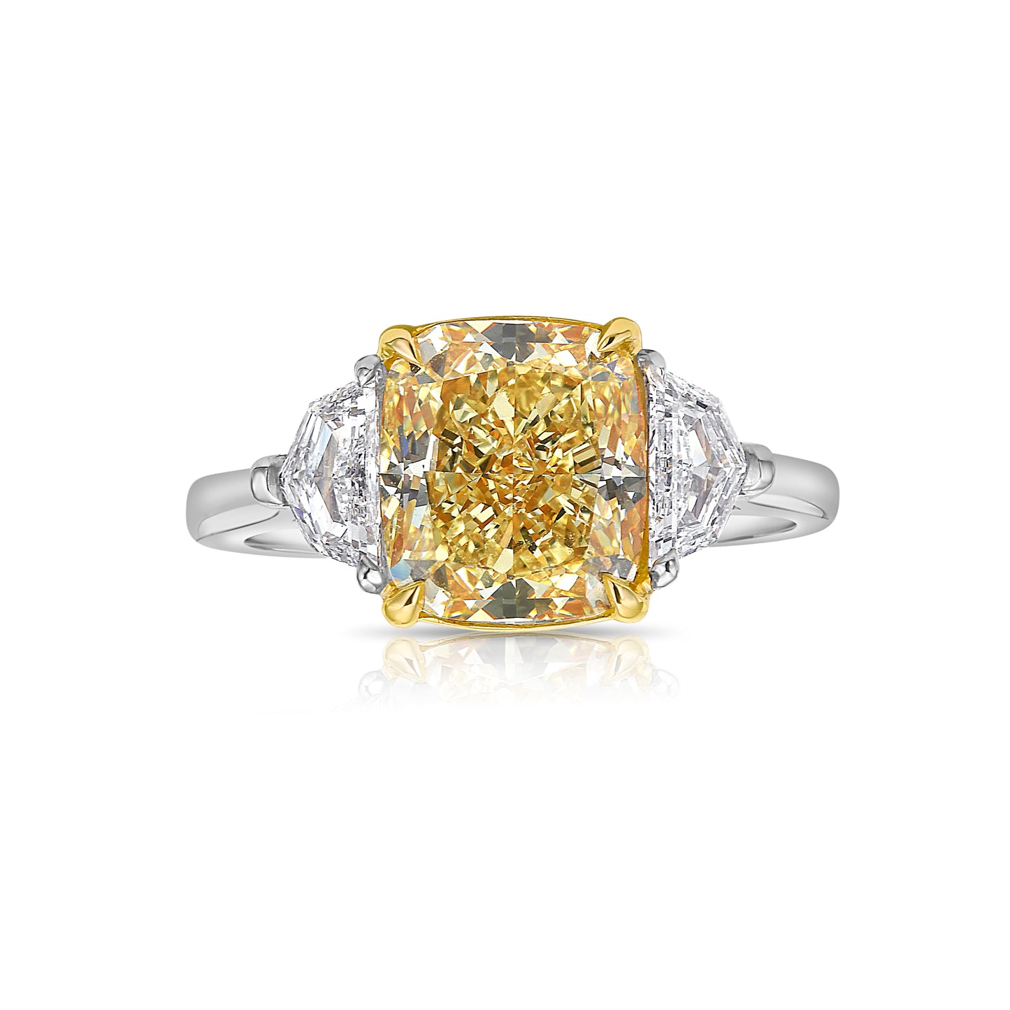 3 Carat Fancy Yellow VVS1 Cushion Diamond 3 Stone Ring, unique engagement ring style