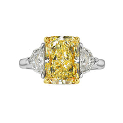 5.02ct Fancy Yellow Elongated Radiant Cut Diamond Three Stone Engagement Ring