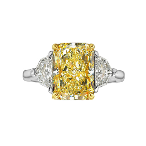 5.13 Carat Fancy Yellow Elongated Radiant Cut Diamond Three Stone Engagement Ring