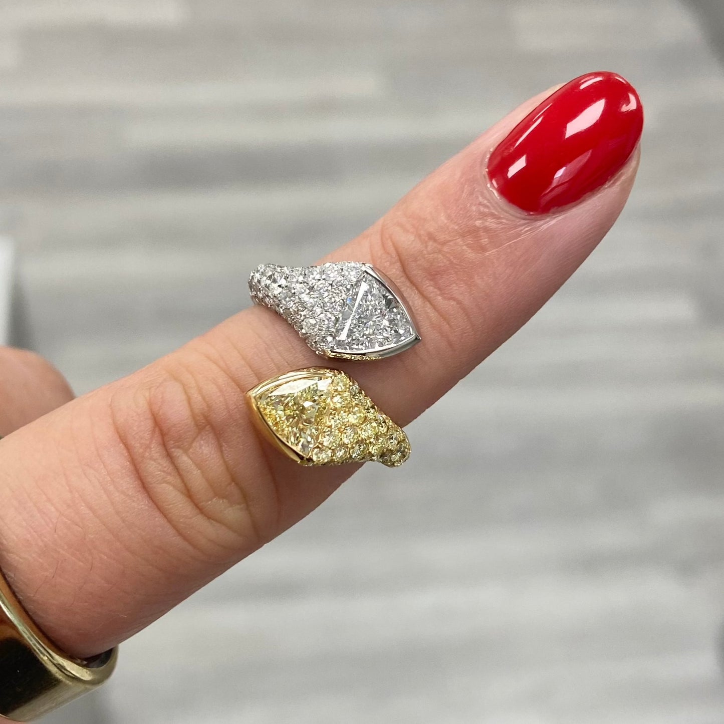 Unique two stone diamond ring with yellow and white diamonds. Perfect statement ring. Diamond Ring.