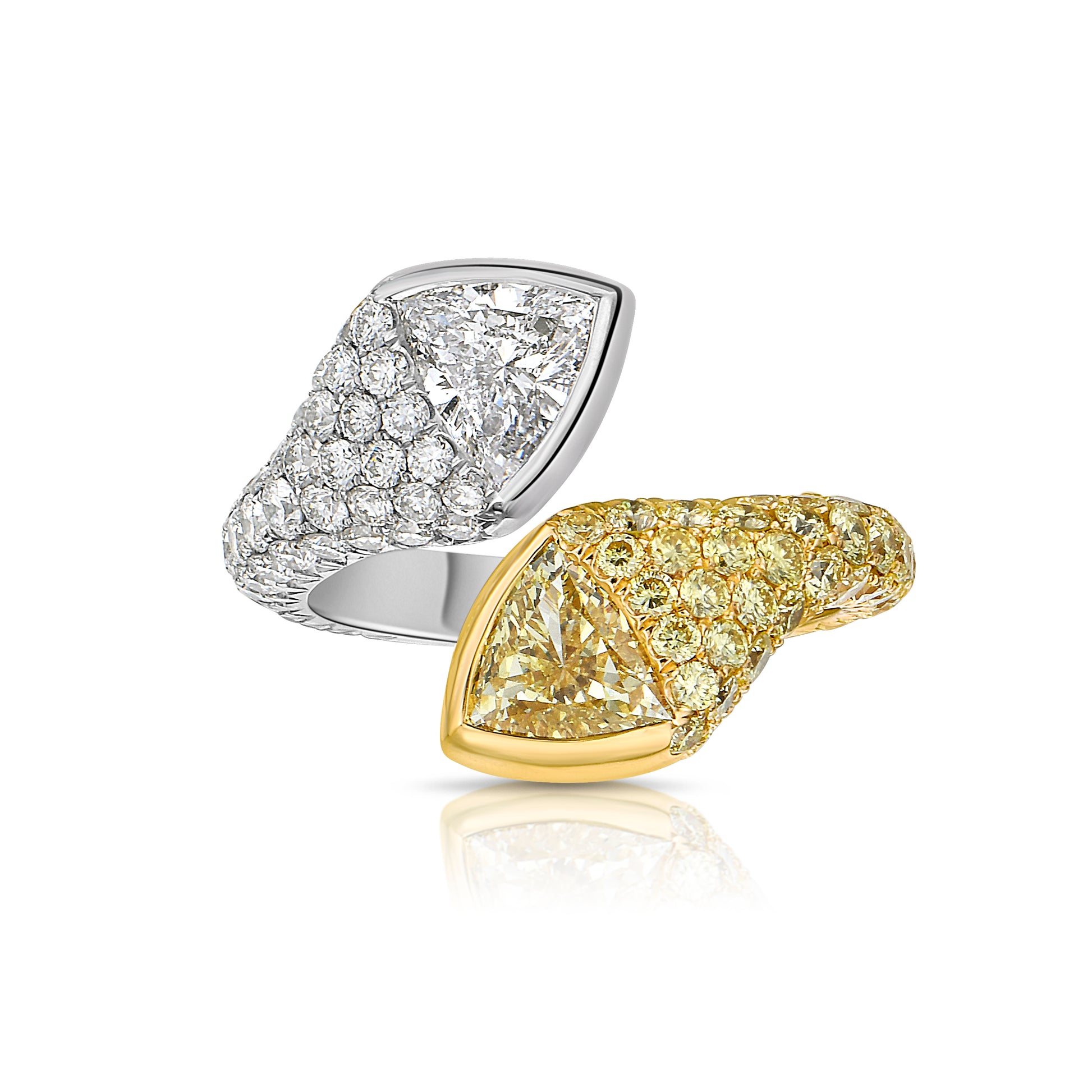 Unique two stone diamond ring with yellow and white diamonds. Perfect statement ring. Diamond Ring.