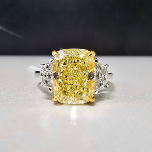 3ct Fancy Light Yellow Elongated Cushion Three Stone Diamond Ring