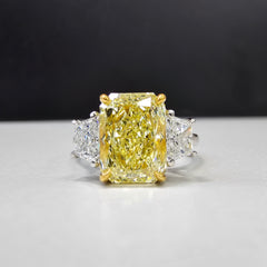 3ct Fancy Yellow Elongated Radiant Three Stone Diamond Ring, unique engagement ring with yellow radiant cut diamond