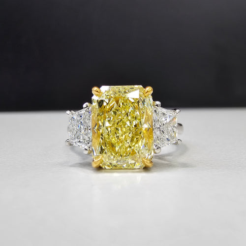 3ct Fancy Yellow Elongated Radiant Three Stone Diamond Ring, unique engagement ring with yellow radiant cut diamond