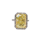 5ct Yellow Elongated Radiant canary diamond  Halo Diamond Ring with an elongated radiant cut canary yellow diamond