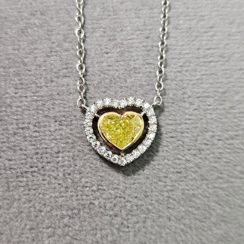 Neon Green Diamond Heart Shape Pendant necklace with white diamond haloi