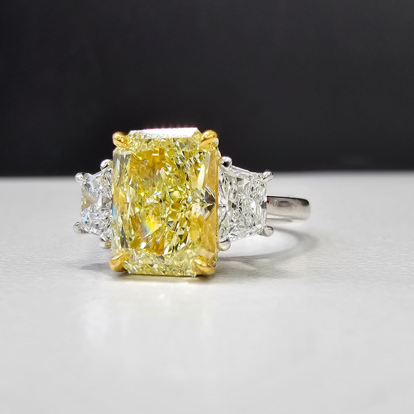3ct Fancy Yellow Elongated Radiant Three Stone Diamond Ring, unique engagement ring with yellow radiant cut diamond