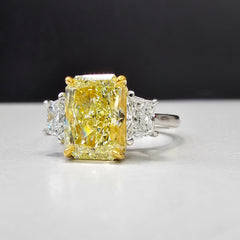 3ct Fancy Yellow Elongated Radiant Three Stone Diamond Ring, unique engagement ring with yellow radiant cut diamond