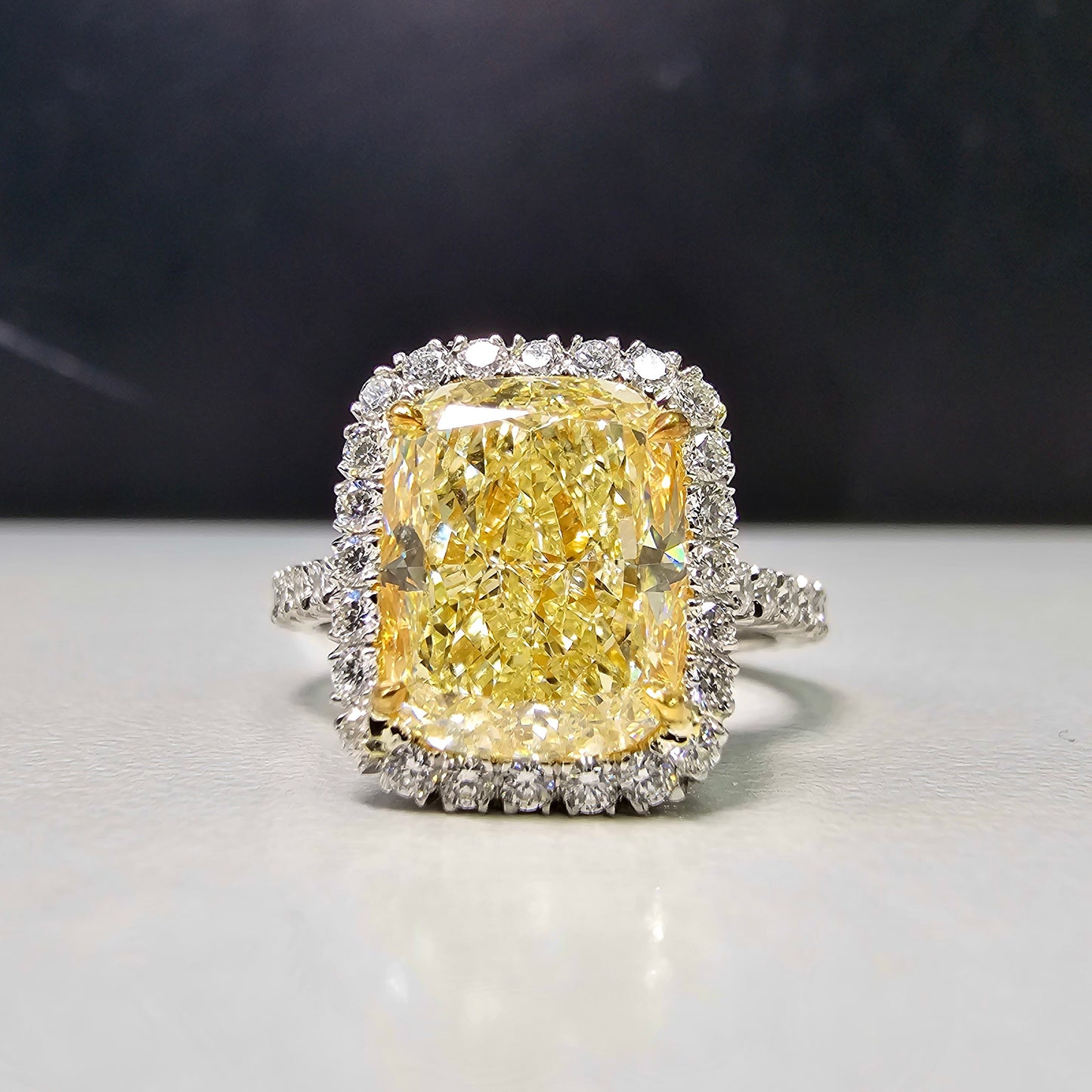 4 Carat Fancy Light Yellow Cushion Halo Diamond Ring, unique yellow diamond engagement ring 
