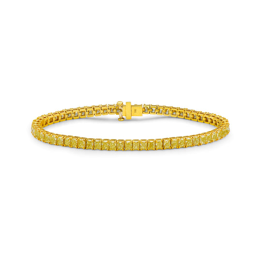 Fancy yellow diamond elongated radiant cut bracelet. Cushion diamond bracelet. radiant tennis bracelet. Yellow diamond jewelry. Yellow tennis bracelet. Natural yellow diamond jewelry