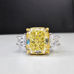 Yellow diamond three stone ring, diamond engagement ring with white trapezoid side stones