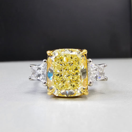 Yellow diamond three stone ring, diamond engagement ring with white trapezoid side stones