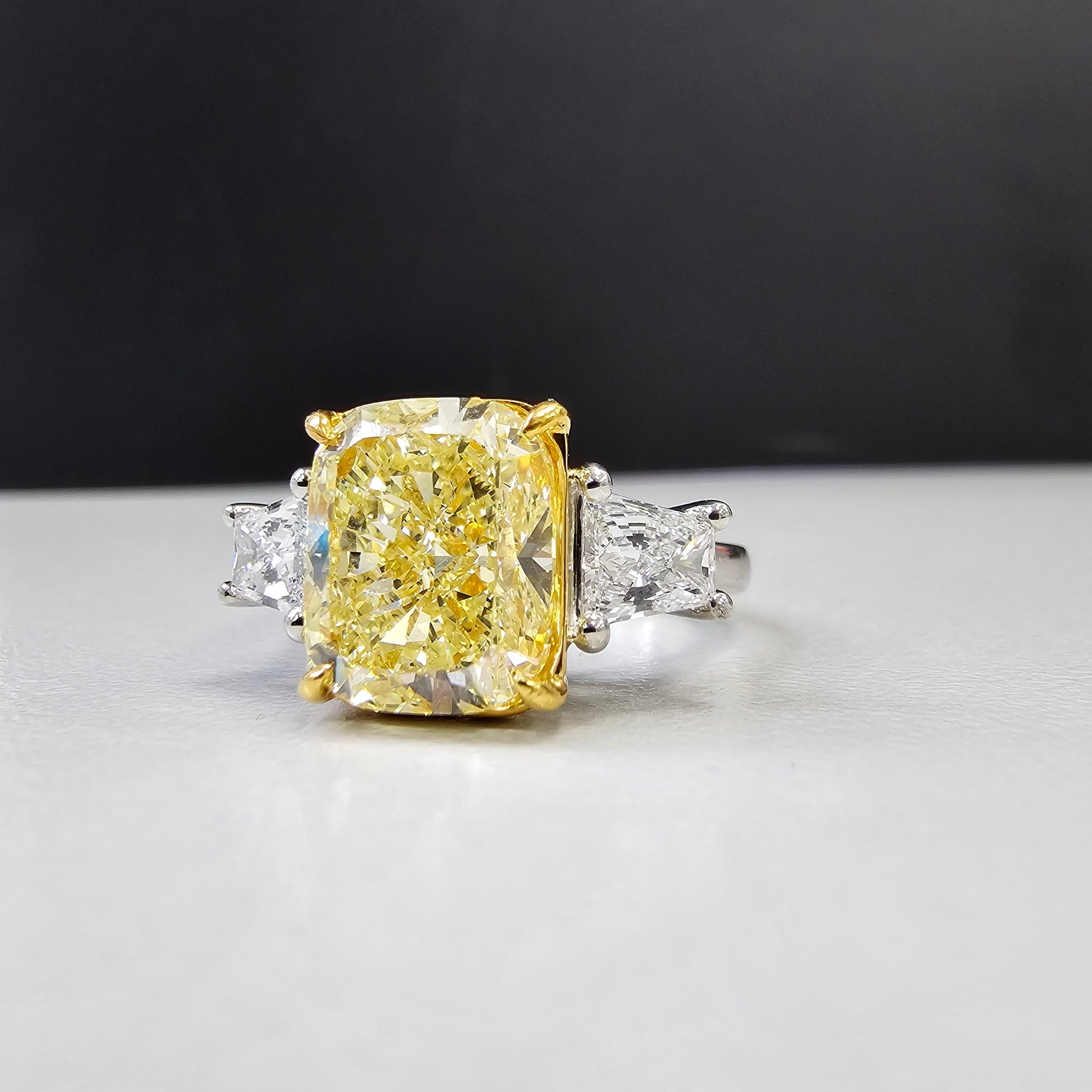 Yellow diamond three stone ring, diamond engagement ring with white trapezoid side stones