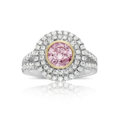 1.04 Carat Light Pink Round Diamond 0.87 Carats of Surrounding White Diamonds I3 Clarity Handmade 18k Rose Gold and White Gold