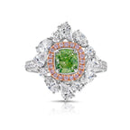 Fancy green diamond ring surrounded by pink and white natural diamonds in a reversible ring and pendant.