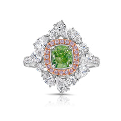 Fancy green diamond ring surrounded by pink and white natural diamonds in a reversible ring and pendant.