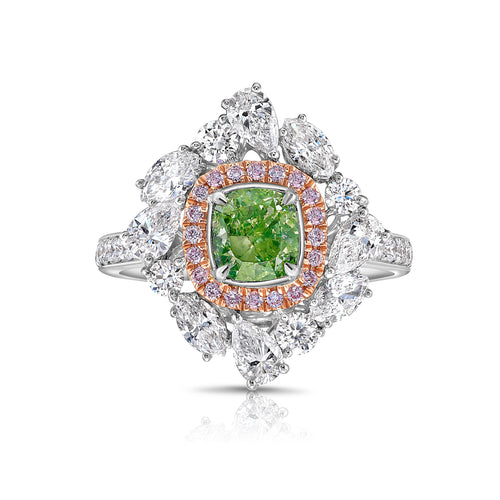 green diamond ring surrounded by pink and white natural diamonds in a reversible ring and pendant 