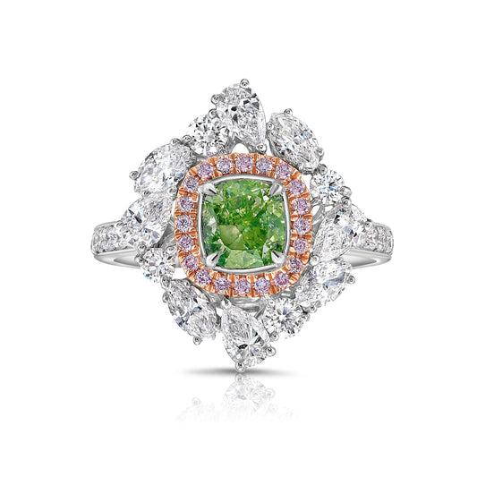 green diamond ring surrounded by pink and white natural diamonds in a reversible ring and pendant 