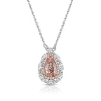 Unique natural pink diamond pendant featuring a pear shaped gem with a delicate hue.