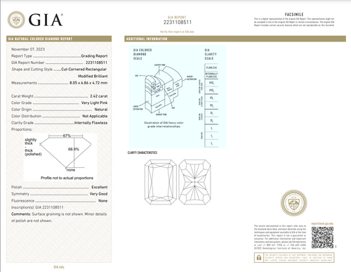 2.42 Carat Elongated Radiant Cut Diamond Internally Flawless (IF) clarity Very Light Pink Excellent, Very Good Cutting, No Fluorescence GIA Certified Diamond