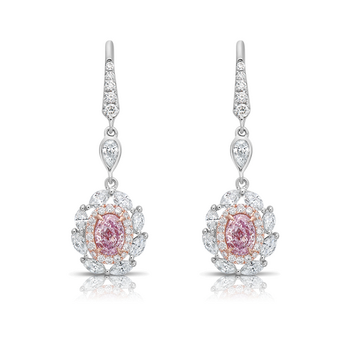 Unique GIA certified pink oval diamond earrings. Pink diamond earrings.