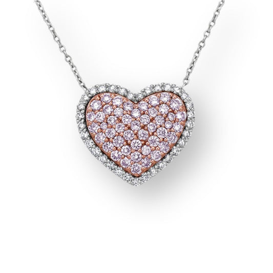 Pink diamond heart shape necklace with natural fancy pink and white diamonds in a diamond halo