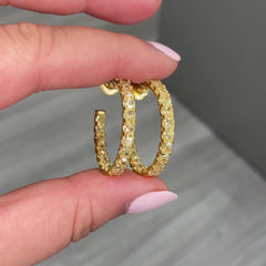 Yellow diamond hoops. Diamond hoop earrings. Yellow diamond earrings. Yellow diamond jewelry. Yellow diamond radiant cut.