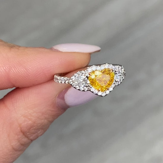 Natural vivid orangey yellow heart shape diamond ring