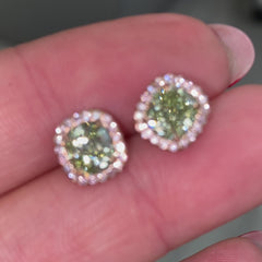 Green diamond earrings, fancy yellow green diamond surrounded by fancy pink diamond halo