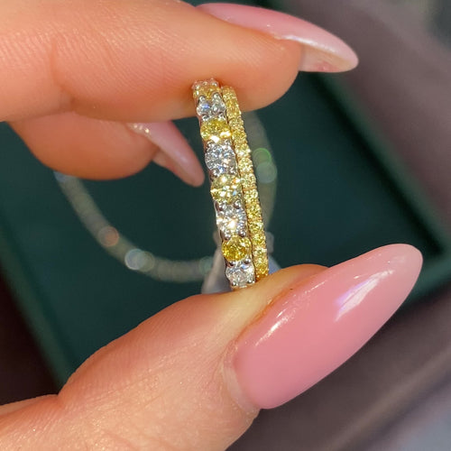 Round Yellow and White Diamond Band Ring