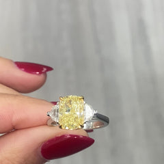 Yellow diamond engagement ring, unique elongated cushion cut diamond three stone ring, canary diamond ring