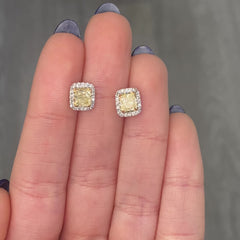 Fancy Light Yellow Cushion Diamond Studs 1.42 carat total center diamonds  Center diamonds are 0.71ct each  Surrounded by 0.22 Carats of White Radiant Diamonds Set in 18k Gold Handmade in NYC 