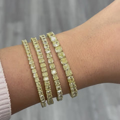 Fancy yellow diamond elongated radiant cut bracelet. Cushion diamond bracelet. radiant tennis bracelet. Yellow diamond jewelry. Yellow tennis bracelet. Natural yellow diamond jewelry