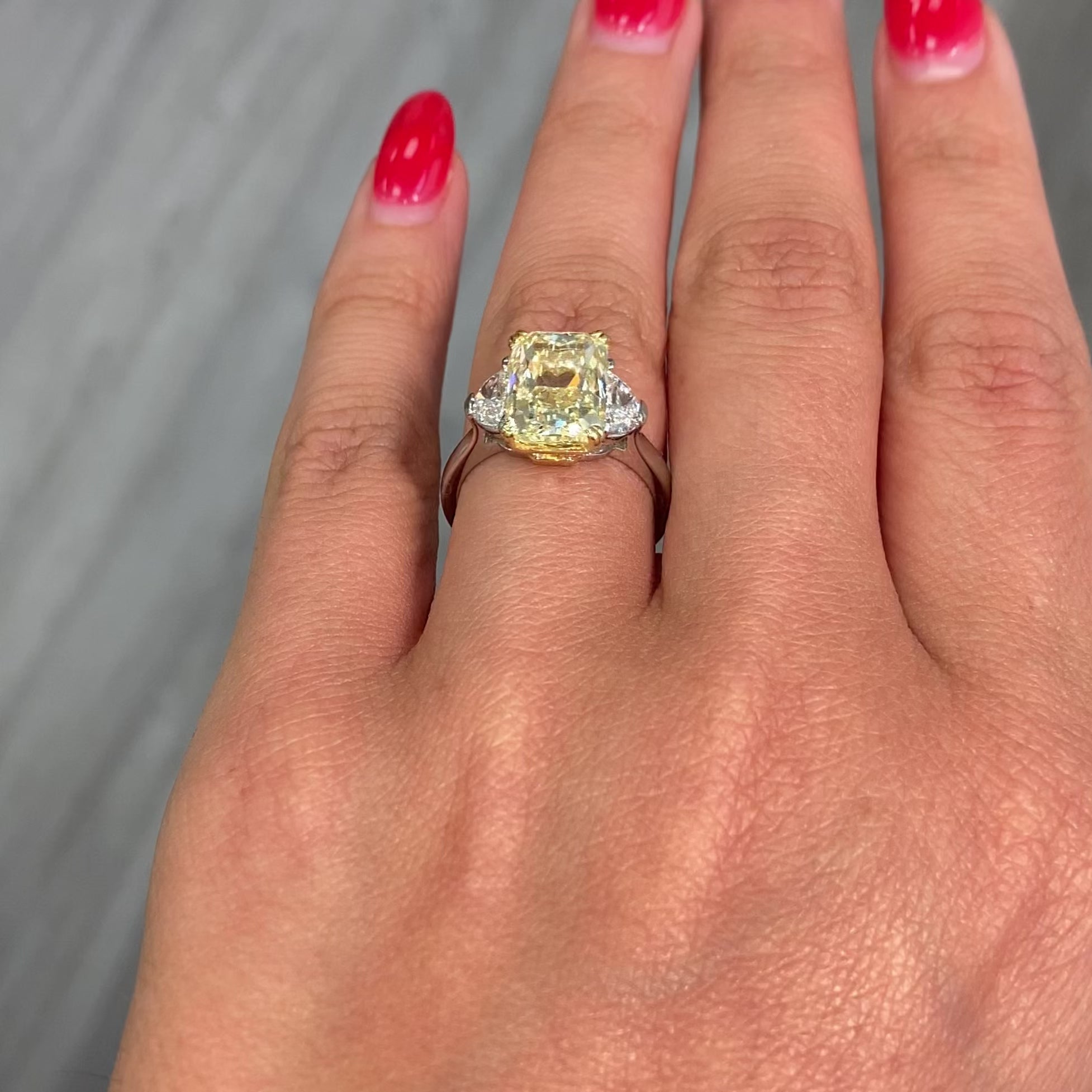 Fancy Yellow elongated radiant cut diamond three stone ring , three stone engagement ring unique engagement ring 