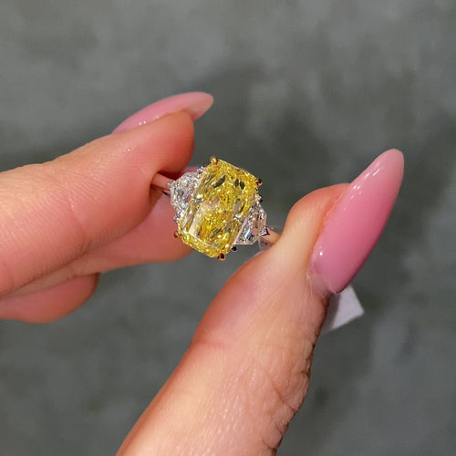 3 Carat Fancy Intense Yellow Elongated Radiant Diamond Engagement Ring