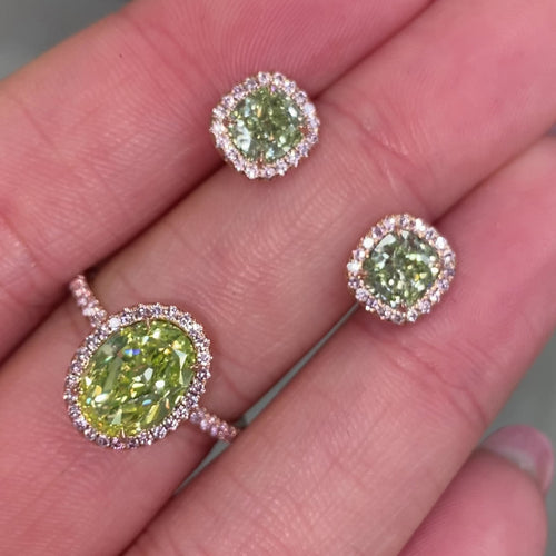 oval cut diamond, natural green diamond, unique green diamond engagement ring in pink diamond halo