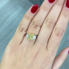 Fancy yellow engagement ring, three stone diamond ring, yellow diamond ring, yellow radiant diamond