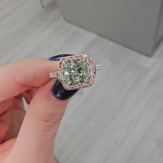 1.87 Carat Fancy Yellowish Green Diamond Cushion Cut Diamond VS2 Clarity  0.20 Carat F VS Half-moons  0.13 Carats of Fancy Pink Rounds 0.28 Carats of White Rounds Handmade in NYC  Set in Platinum & 18k Rose Gold  GIA Certified Green Diamond