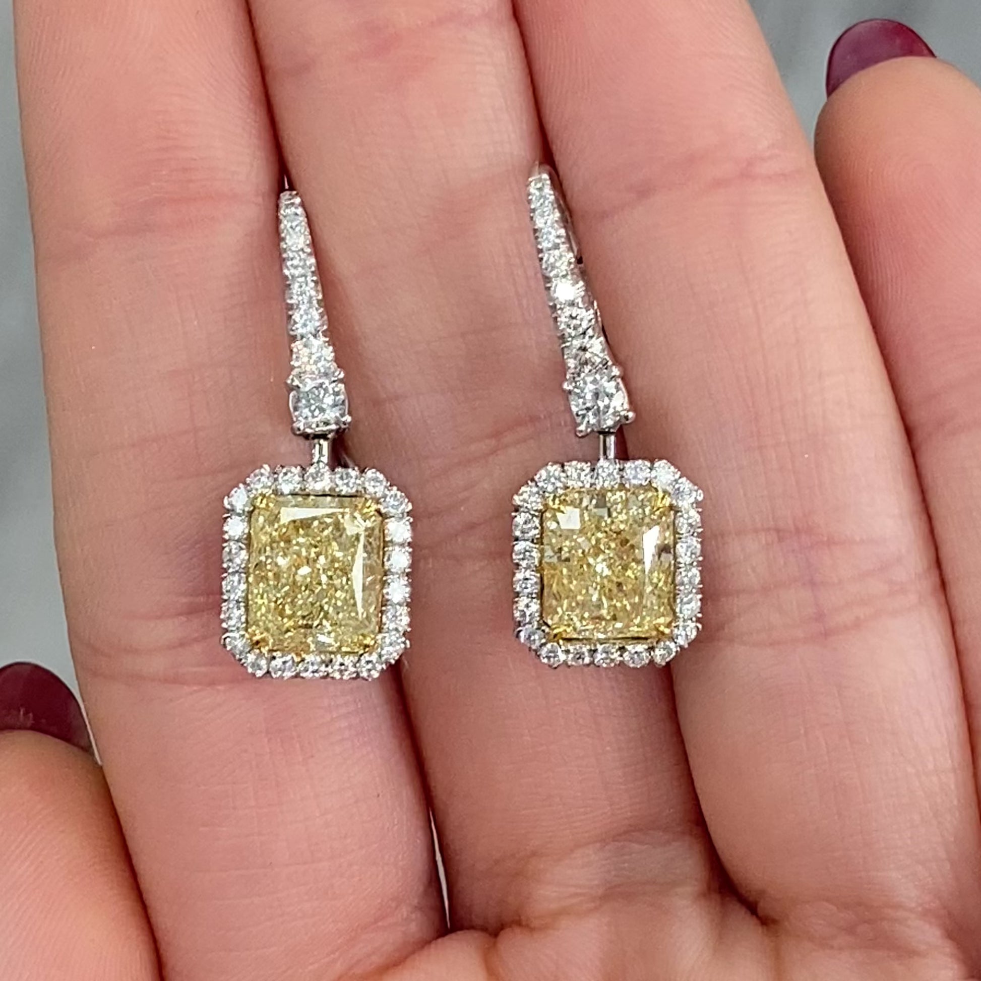 yellow diamond earrings. yellow diamond drop earrings. GIA yellow diamond earrings. radiant cut yellow diamonds. yellow diamond jewelry.