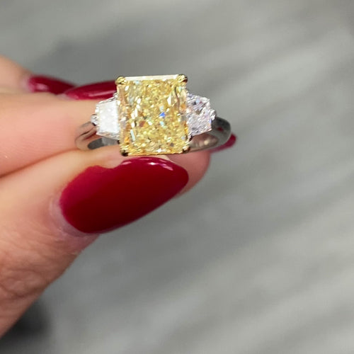 Fancy yellow engagement ring, three stone diamond ring, yellow diamond ring, yellow radiant diamond