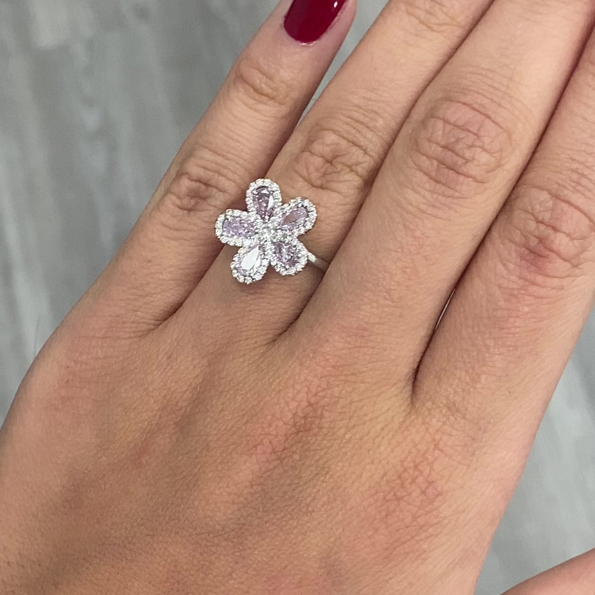 pink diamond ring. pink diamond flower. pink diamond fashion ring. floral diamond jewelry, unique jewelry inspiration