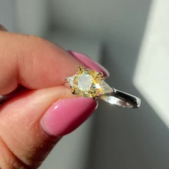 yellow diamond three stone ring, three stone engagement ring, yellow diamond ring