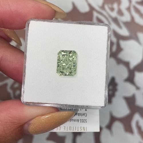 Natural fancy intense yellowish green diamond, radiant cut green diamond, natural green diamond.