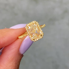 2.01 Carat All Yellow Halo Elongated Radiant Cut Diamond Engagement Ring