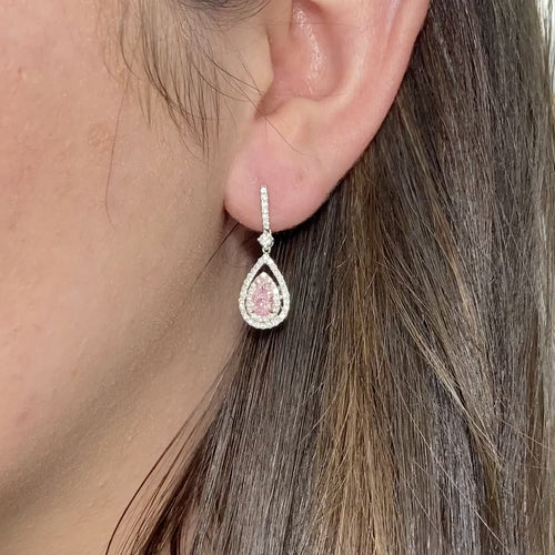 pink diamond pear shape earrings with white diamonds. Pink diamond earrings