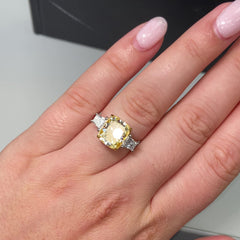 Yellow diamond three stone ring, diamond engagement ring with white trapezoid side stones