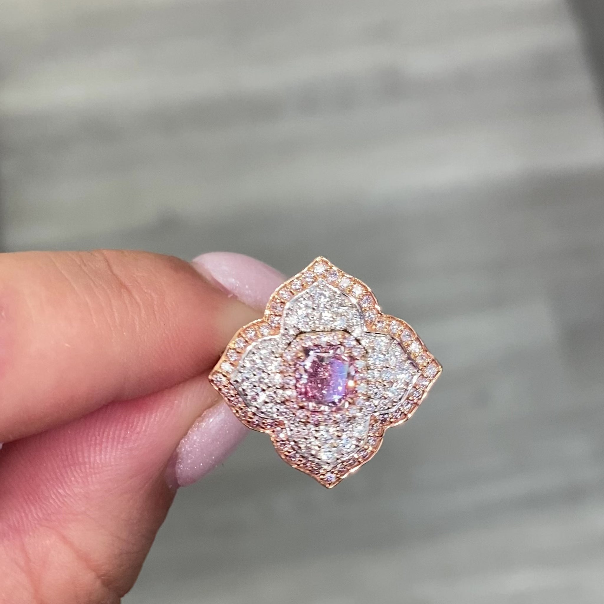 Pink radiant diamond ring, natural pink diamond, pink floral diamond ring