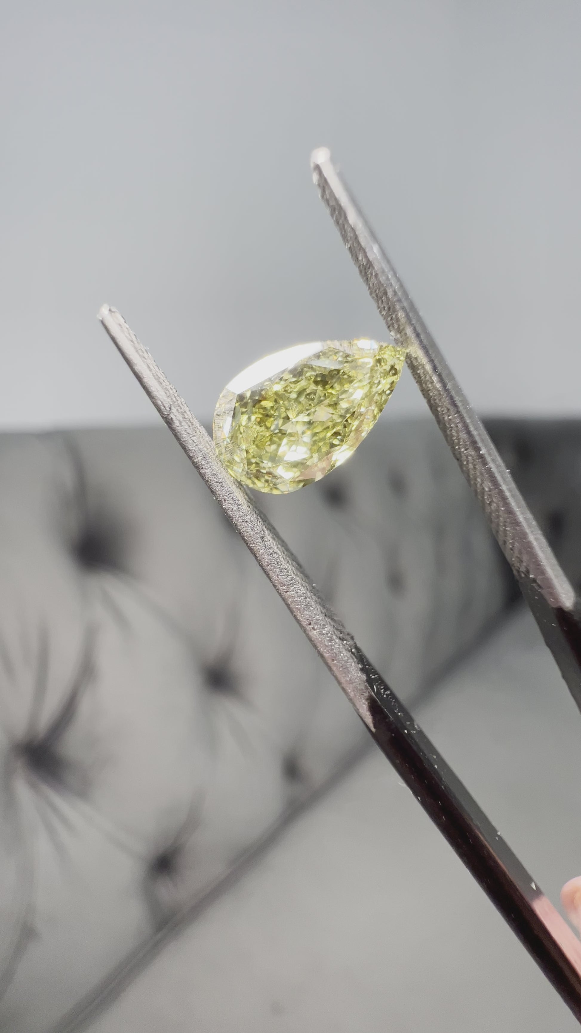 Chameleon diamond. Chameleon green diamond. GIA green diamond. Green diamond pear shape. Affordable green diamond.